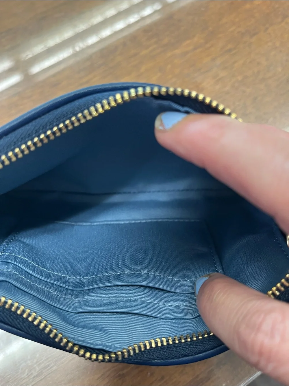 Coach Blue Signature Logo Wristlet with Brown Strap